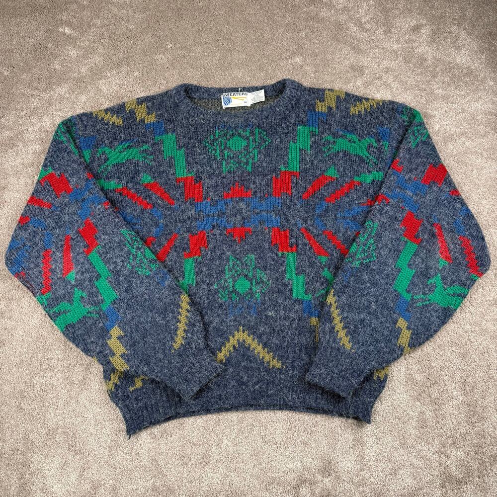 Vtg Sweaters Grey Abstract Geometric Fuzzy Knit Size M Retro 80s Skate